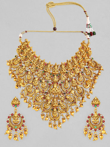 Rubans 22K Gold Plated Red, Green & White Stone Studded Lakshmi Motif Temple Jewellery Set