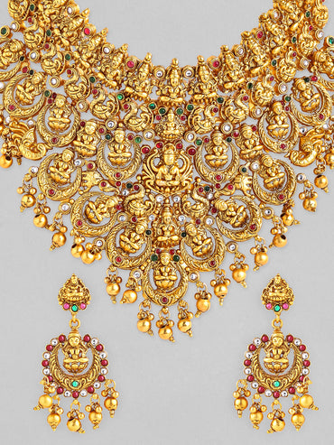 Rubans 22K Gold Plated Red, Green & White Stone Studded Lakshmi Motif Temple Jewellery Set