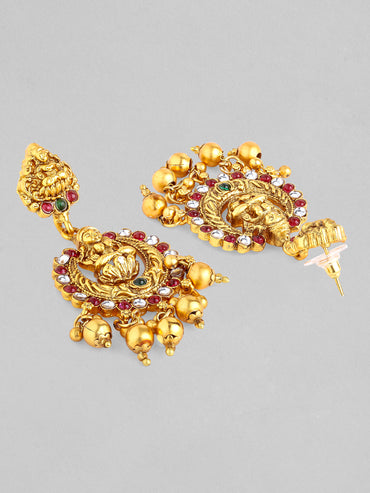 Rubans 22K Gold Plated Red, Green & White Stone Studded Lakshmi Motif Temple Jewellery Set