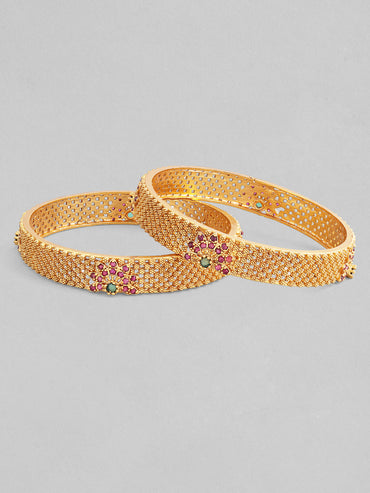 Rubans Set of 2 22K Gold Plated Ruby Pink & Emerald Green Stone Studded Bangles