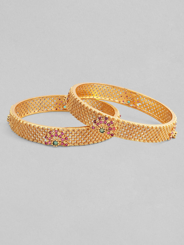 Rubans Set of 2 22K Gold Plated Ruby Pink & Emerald Green Stone Studded Bangles