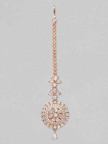 Rubans Rose Gold-Plated White Stoned Round Shapped AD-Studded MaangTikka