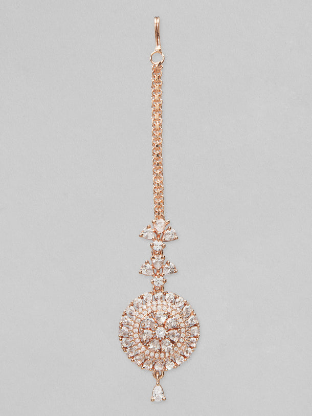 Rubans Rose Gold-Plated White Stoned Round Shapped AD-Studded MaangTikka