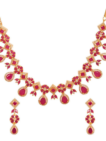 Rubans 22K Gold-Plated Ruby Pink & White Cubic Zirconia Studded Floral Drop Necklace Set