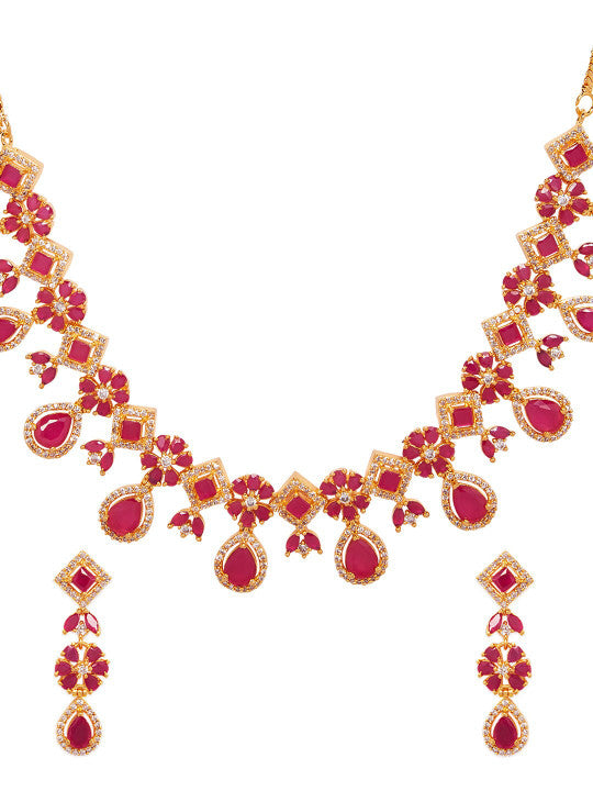 Rubans 22K Gold-Plated Ruby Pink & White Cubic Zirconia Studded Floral Drop Necklace Set