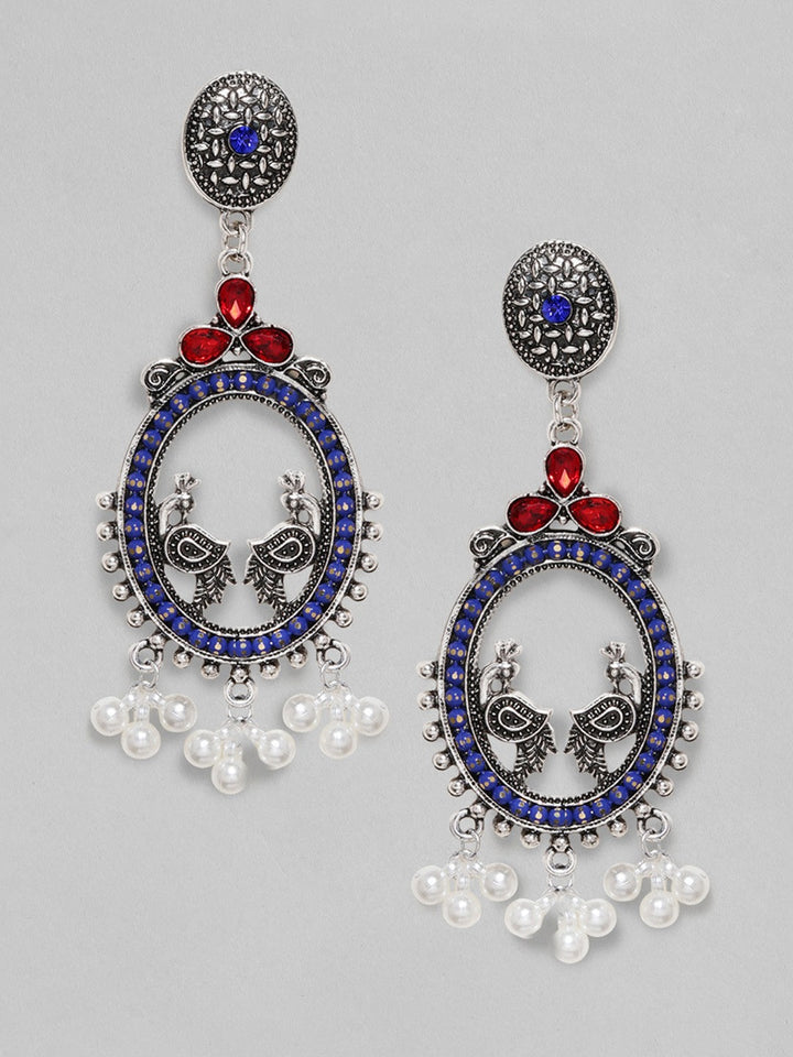 Oxidized Silver-Plated Oval Peacock Drop Earrings with Blue & Red AD Stones & Pearl Beads