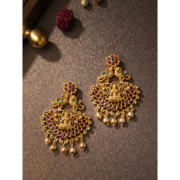 Rubans Finely Handcrafted Gold Plated CZ And Ruby Studded Chandbali Earrings