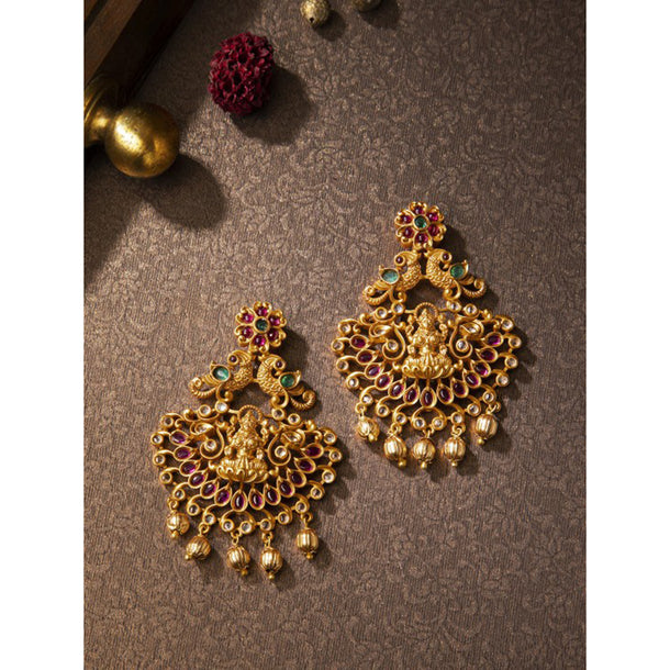 Rubans Finely Handcrafted Gold Plated CZ And Ruby Studded Chandbali Earrings