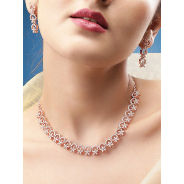 Rubans Contemporary Rose Gold Toned Necklace Set in CZ Stone