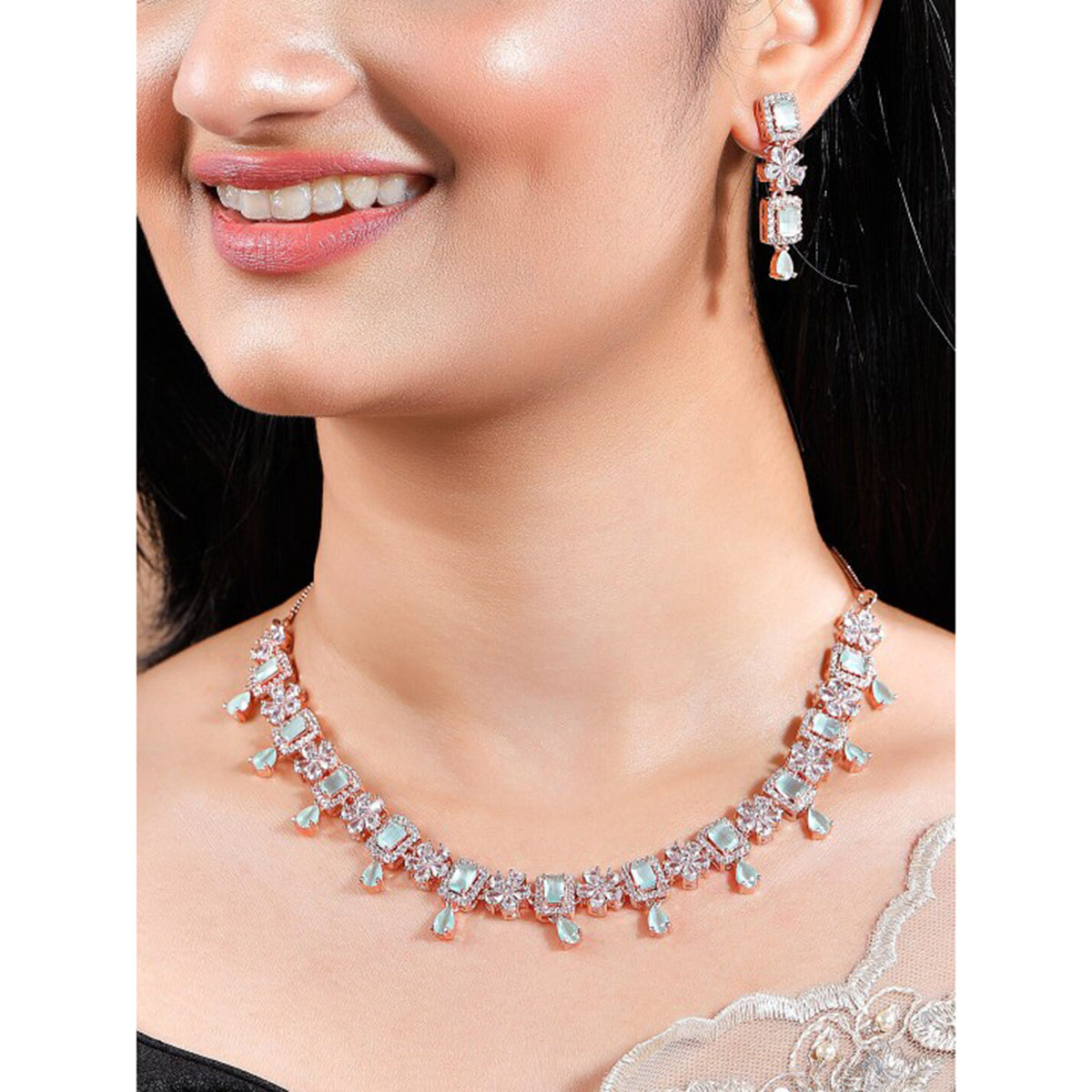 Rubans 22K Rose Gold Plated Mint Green Sapphire & Cubic Zirconia Studded Jewelry Set Design