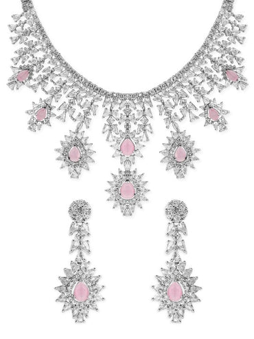 Rubans Silver Plated Pink Gemstone & AAA Cubic Zirconia Studded Floral Design Jewellery Set