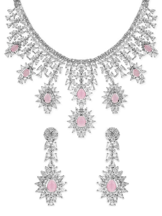 Rubans Silver Plated Pink Gemstone & AAA Cubic Zirconia Studded Floral Design Jewellery Set
