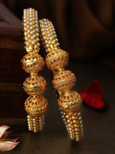 Rubans Set Of 2 Gold-Plated  White Pearls-Studded Handcrafted Bangles