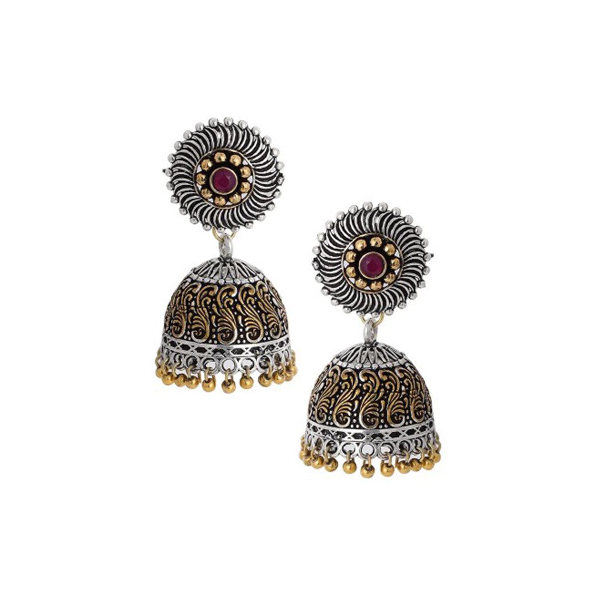 Rubans Silver Plated Handcrafted Oxidised Dual Tone Jhumka Earrings