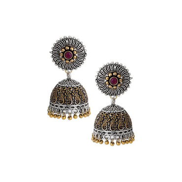 Rubans Silver Plated Handcrafted Oxidised Dual Tone Jhumka Earrings