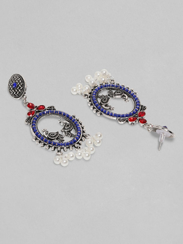 Oxidised Peacock Motif Red & Blue Dangler Earrings