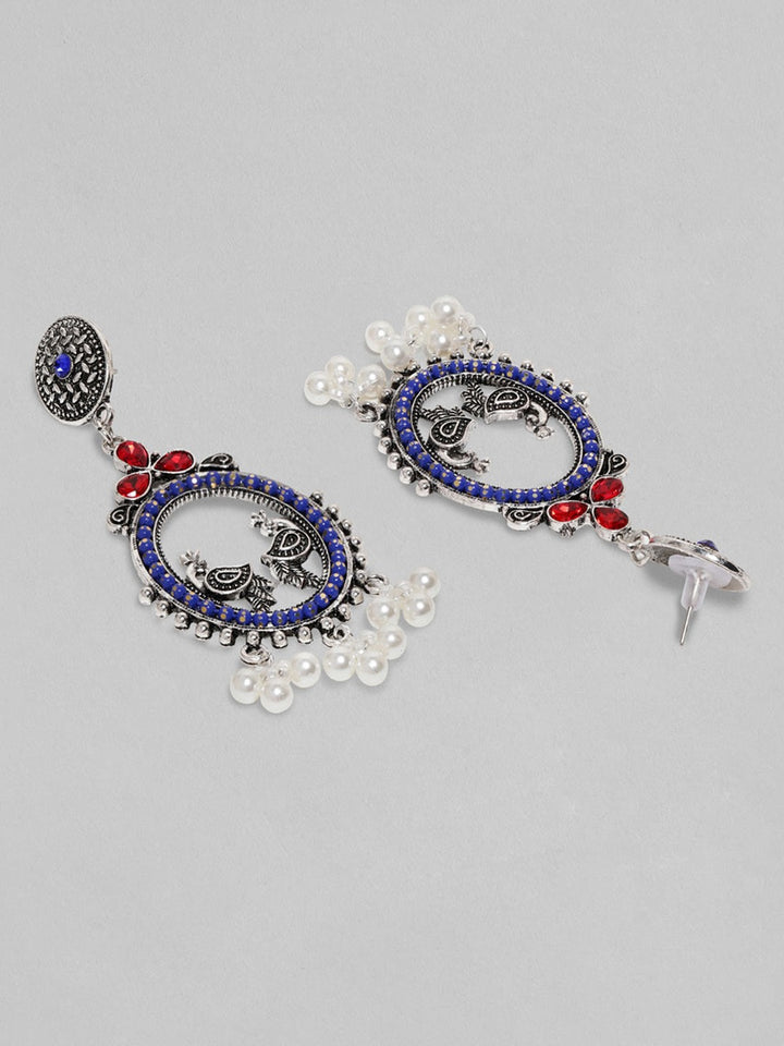 Oxidized Silver-Plated Oval Peacock Drop Earrings with Blue & Red AD Stones & Pearl Beads