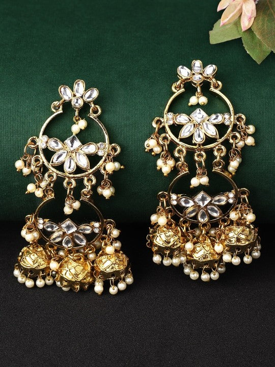 Rubans 18K Gold-Plated Kundan Studded Handcrafted Earrings with Pearl Beads and Jhumka Drops