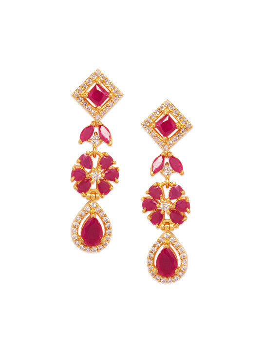 Rubans 22K Gold-Plated Ruby Pink & White Cubic Zirconia Studded Floral Drop Necklace Set