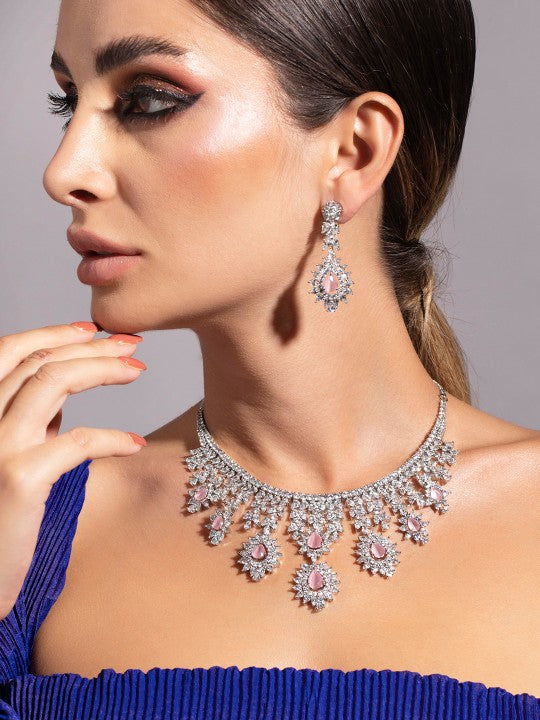 Rubans Silver Plated Pink Gemstone & AAA Cubic Zirconia Studded Floral Design Jewellery Set
