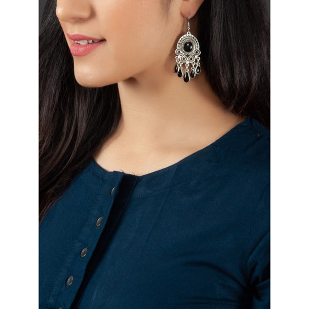 Rubans Oxidised Silver Toned Handcrafted Black Enamel Handpainted Drop Earrings