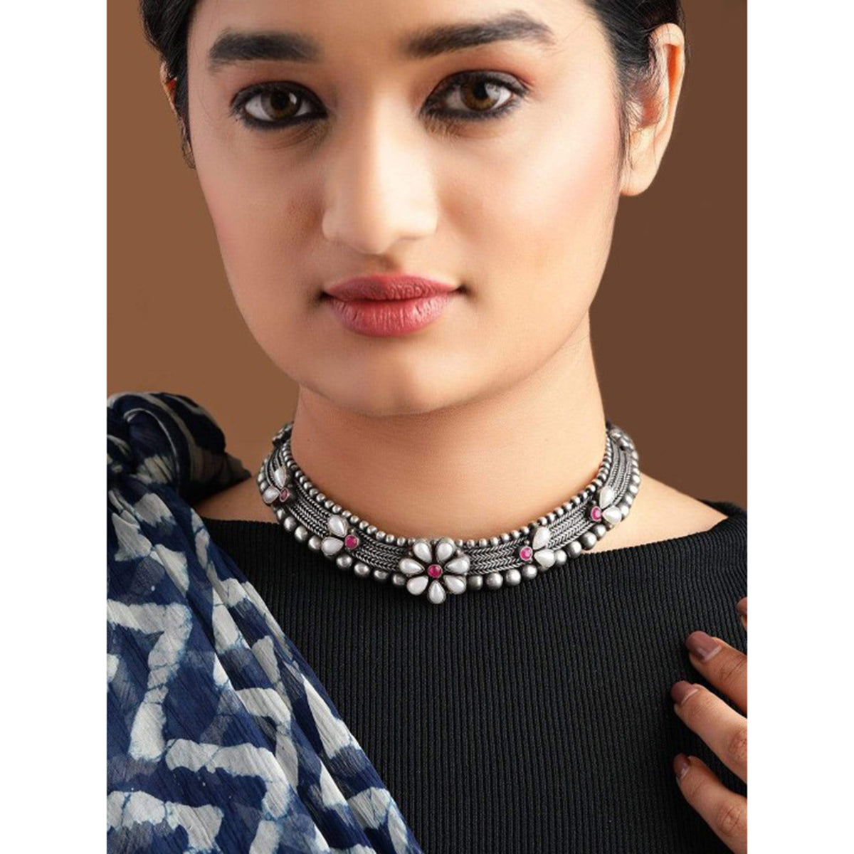 Rubans Silver Plated Handcrafted Oxidised Floral Choker