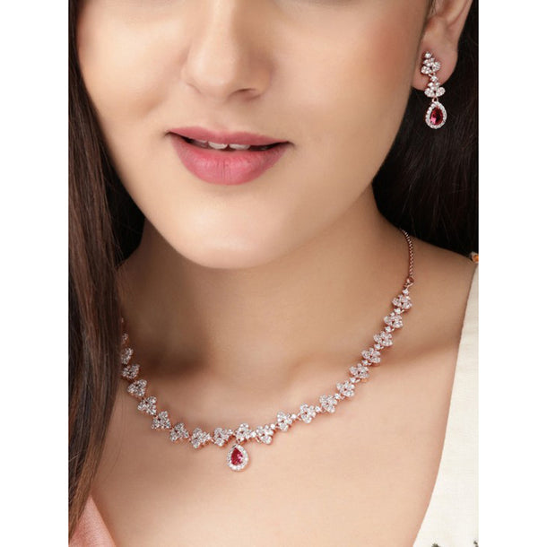 Rubans 22K Rose Gold-Plated Ruby Pink & White Cubic Zirconia Studded Necklace Set with Earrings