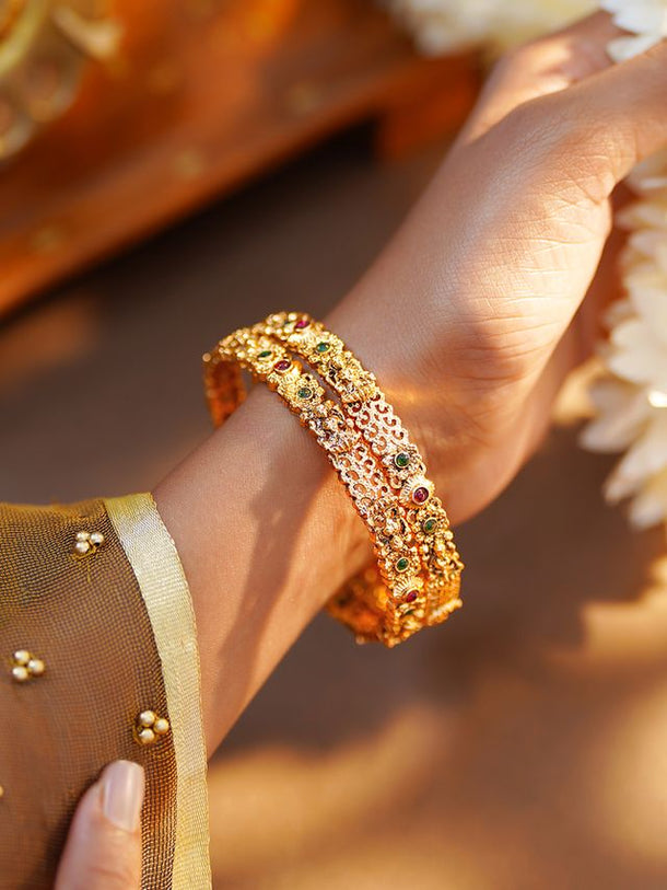 Rubans Set of 2 Gold Plated Pink & Green Floral Temple Bangles