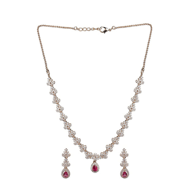 Rubans 22K Rose Gold-Plated Ruby Pink & White Cubic Zirconia Studded Necklace Set with Earrings