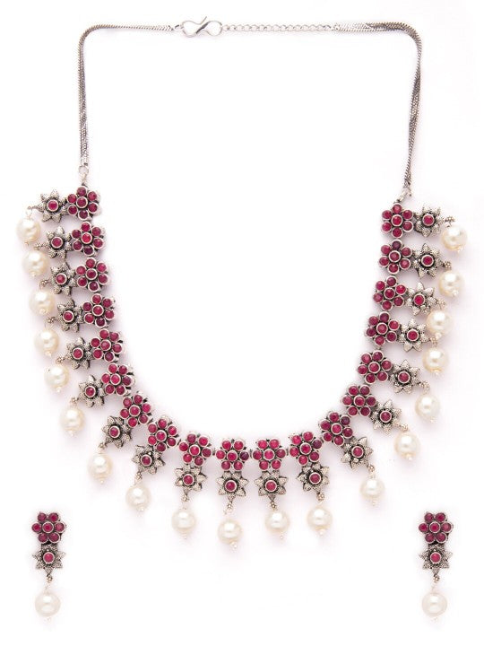 Rubans Oxidised Silver Plated Embellished With Faux Ruby Floral Necklace Set