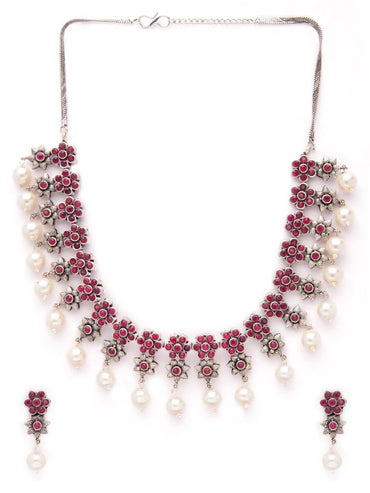 Rubans Oxidised Silver Plated Embellished With Faux Ruby Floral Necklace Set