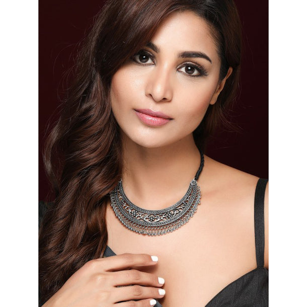 Rubans Oxidised Silver Plated Handcrafted Filligree Necklace