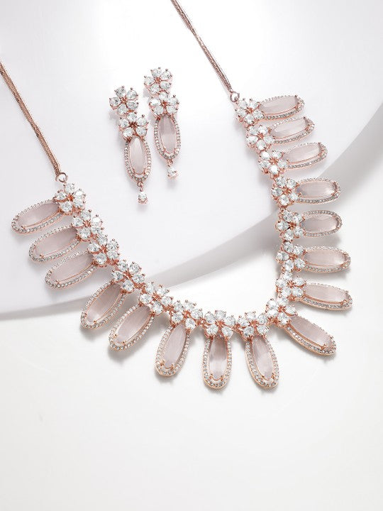 Rubans Rose Gold Plated White Beads American Diamond Necklace Set.