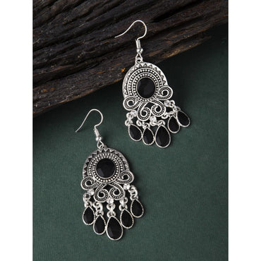 Rubans Oxidised Silver Toned Handcrafted Black Enamel Handpainted Drop Earrings