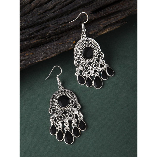 Rubans Oxidised Silver Toned Handcrafted Black Enamel Handpainted Drop Earrings