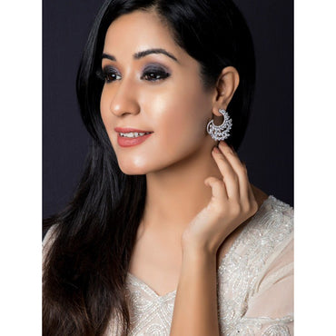 Rubans Rhodium Plated White Cubic Zirconia Studded Handcrafted Feather Shaped Statement Stud Earrings