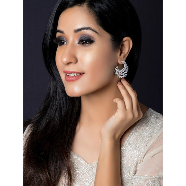 Rubans Rhodium Plated White Cubic Zirconia Studded Handcrafted Feather Shaped Statement Stud Earrings