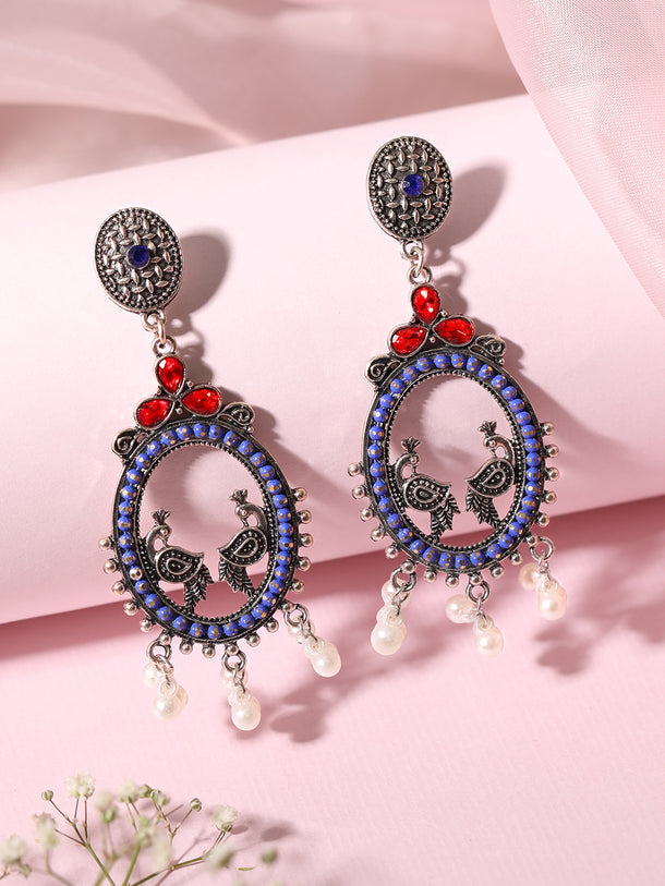 Oxidised Peacock Motif Red & Blue Dangler Earrings