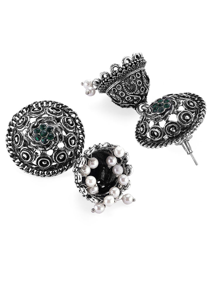 Rubans Oxidised Silver-Plated Green Stone & Pearl Beaded Jhumkas Earrings