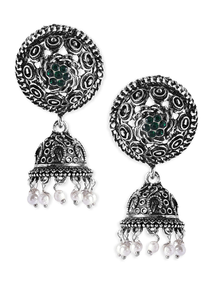 Rubans Oxidised Silver-Plated Green Stone & Pearl Beaded Jhumkas Earrings