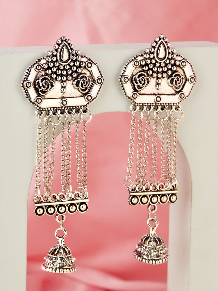 Rubans Oxidized Silver-Plated Chain Tassel Earrings with Jhumka Drops