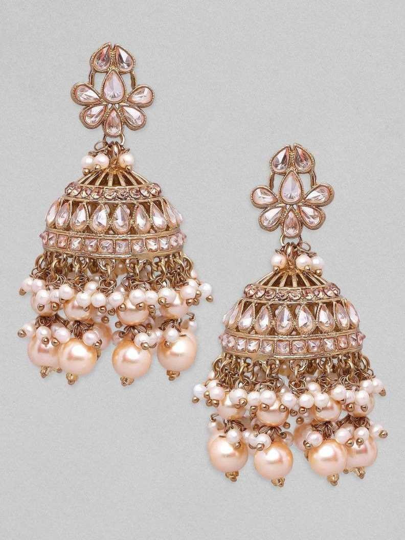 Rubans Gold Plated Handcrafted AD Studded & White Beads Jhumka Earrings