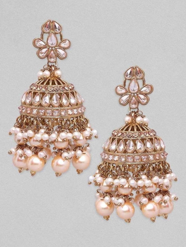 Rubans Gold Plated Handcrafted AD Studded & White Beads Jhumka Earrings