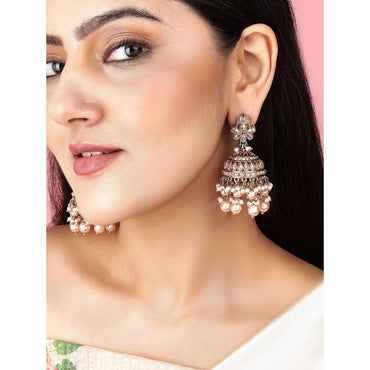 Rubans Gold Plated Handcrafted AD Studded & White Beads Jhumka Earrings