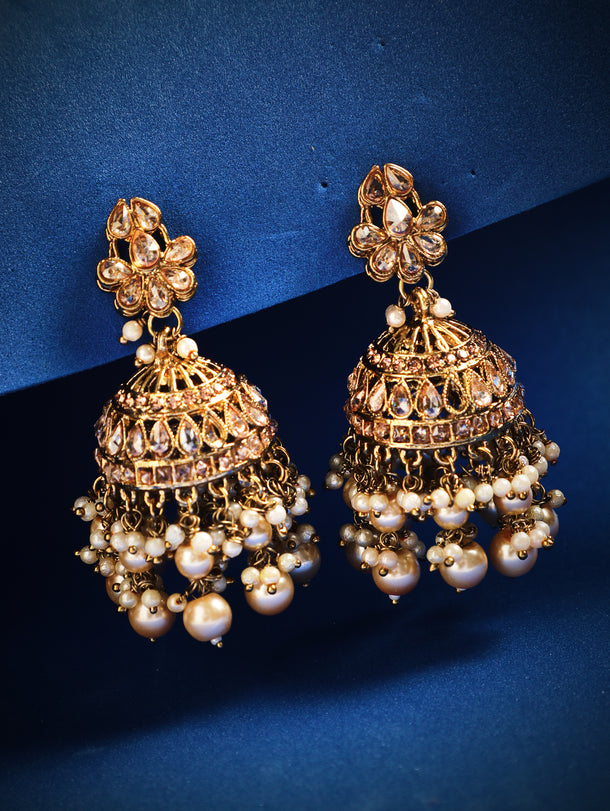 Rubans Gold Plated Handcrafted AD Studded & White Beads Jhumka Earrings