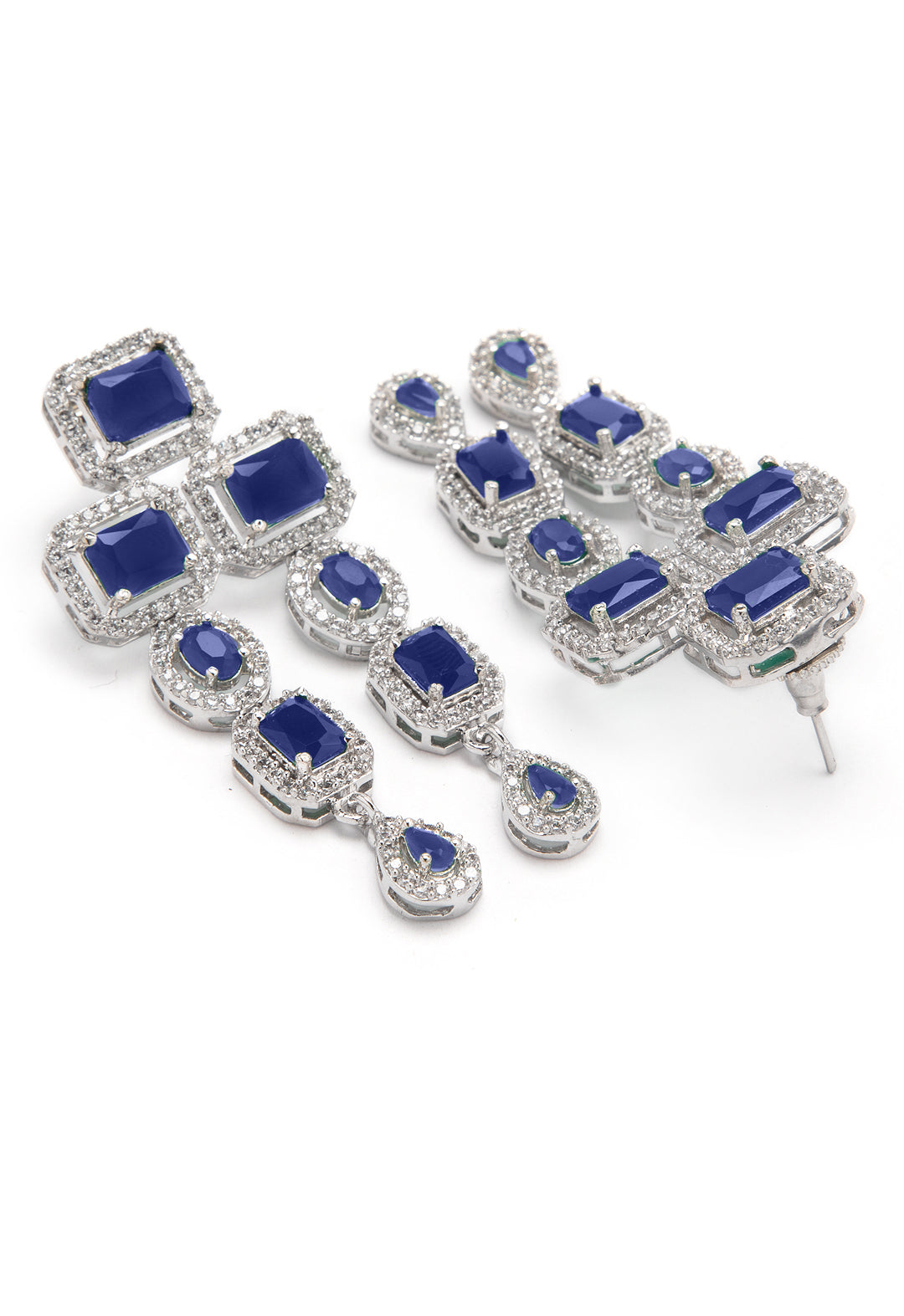 Rubans Rhodium Plated Blue Sapphire & CubicZirconia Studded Premium Statement Necklace Set