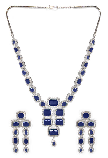 Rubans Rhodium Plated Blue Sapphire & CubicZirconia Studded Premium Statement Necklace Set