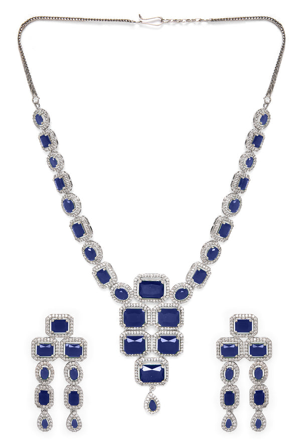 Rubans Rhodium Plated Blue Sapphire & CubicZirconia Studded Premium Statement Necklace Set