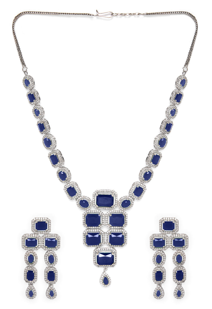 Rubans Rhodium Plated Blue Sapphire & CubicZirconia Studded Premium Statement Necklace Set