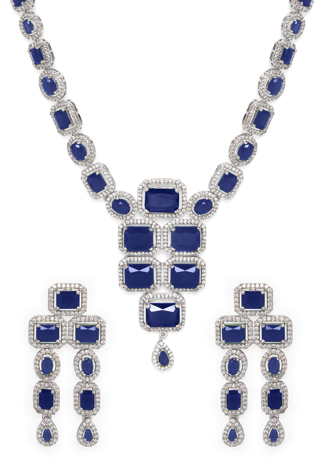 Rubans Rhodium Plated Blue Sapphire & CubicZirconia Studded Premium Statement Necklace Set